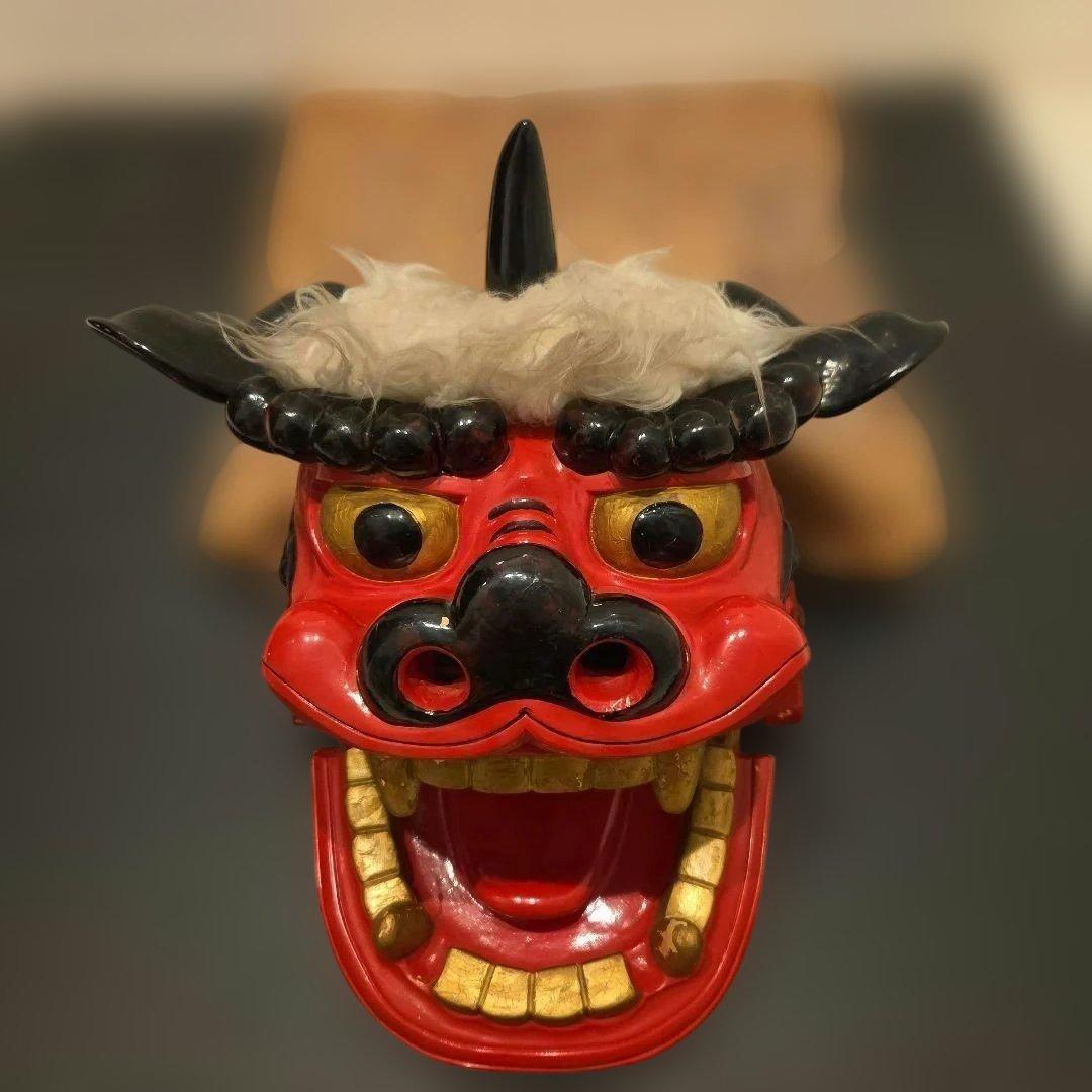 旧家蔵出 大振 獅子頭 雄 木彫 獅子舞い 彫刻 朱塗 漆塗