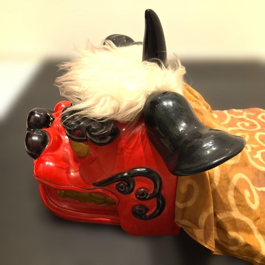 旧家蔵出 大振 獅子頭 雄 木彫 獅子舞い 彫刻 朱塗 漆塗
