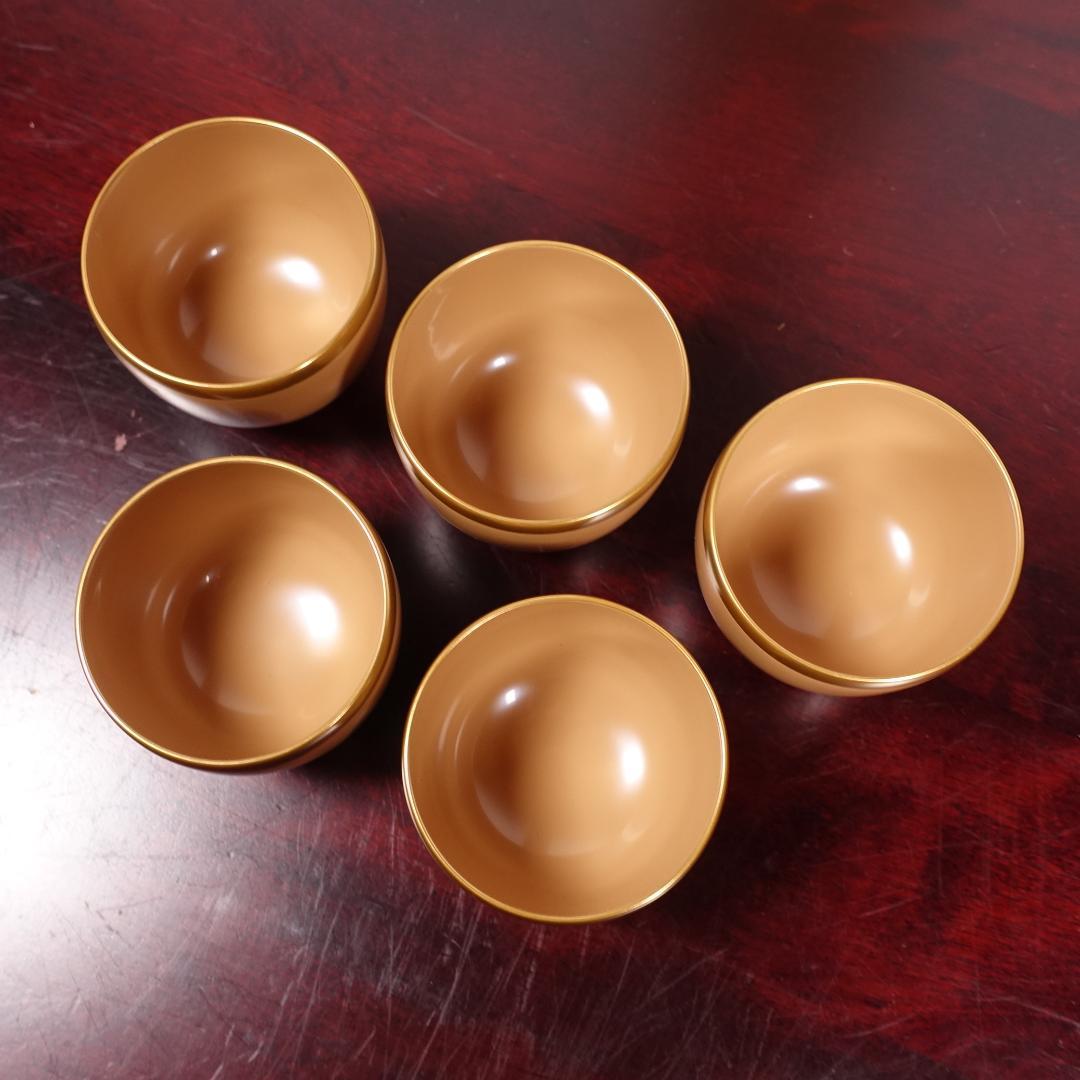 輪島塗 銘苑 千茶荘謹製 白漆 金縁 湯呑 ぐい吞 5客 共箱