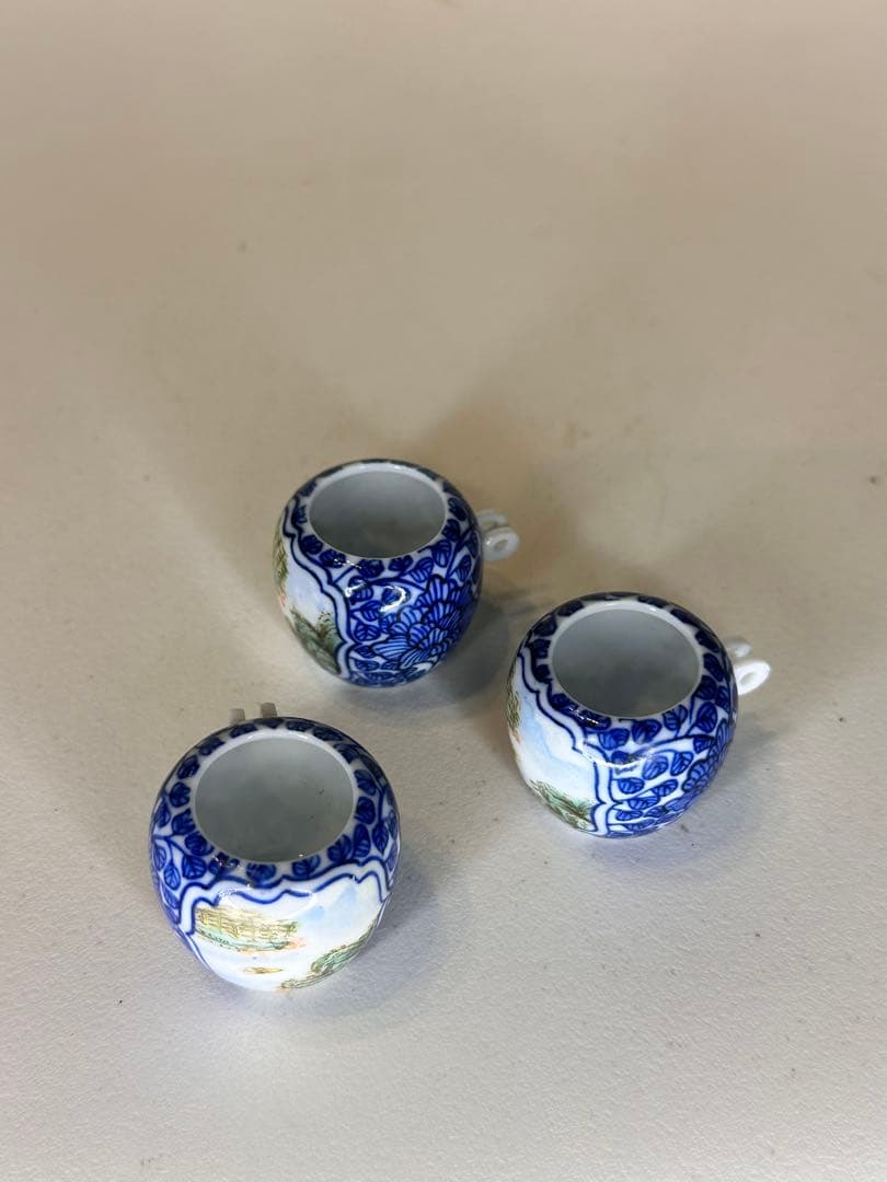 染付 色絵 鳥用 食器 小杯 三点 鳥餌入れ 古美術