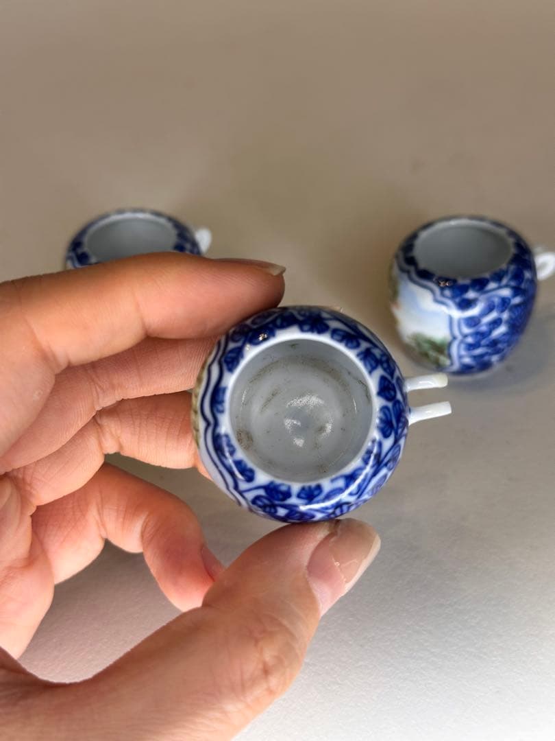 染付 色絵 鳥用 食器 小杯 三点 鳥餌入れ 古美術