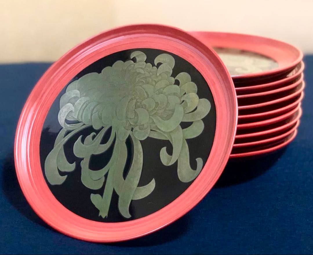 「祖」菊花 蒔絵 菓子皿10客 横越 自入 共箱 (122A②)