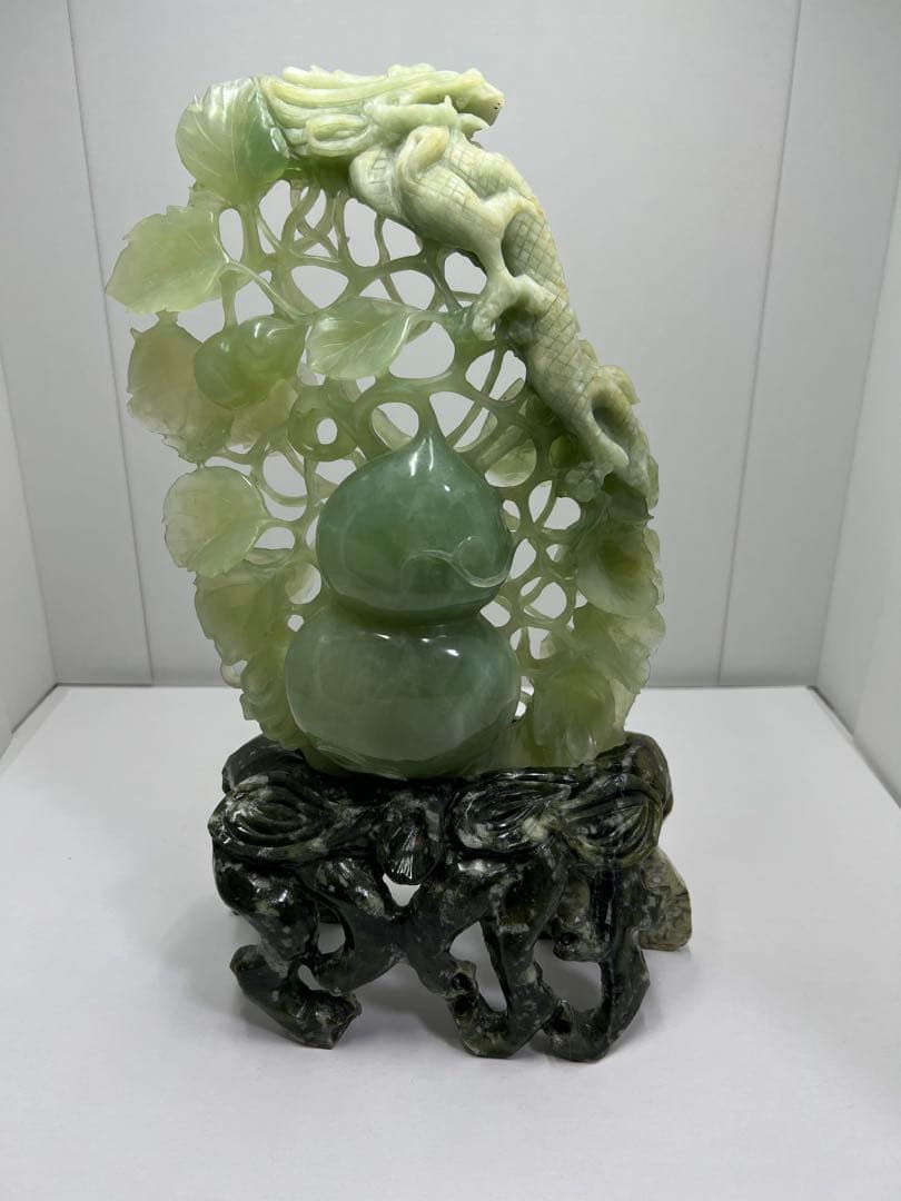 玉雕 翡翠 瓜果 龍 瓢箪彫 彫刻 置物 中国美術 古美術 ひすい ひょうたん