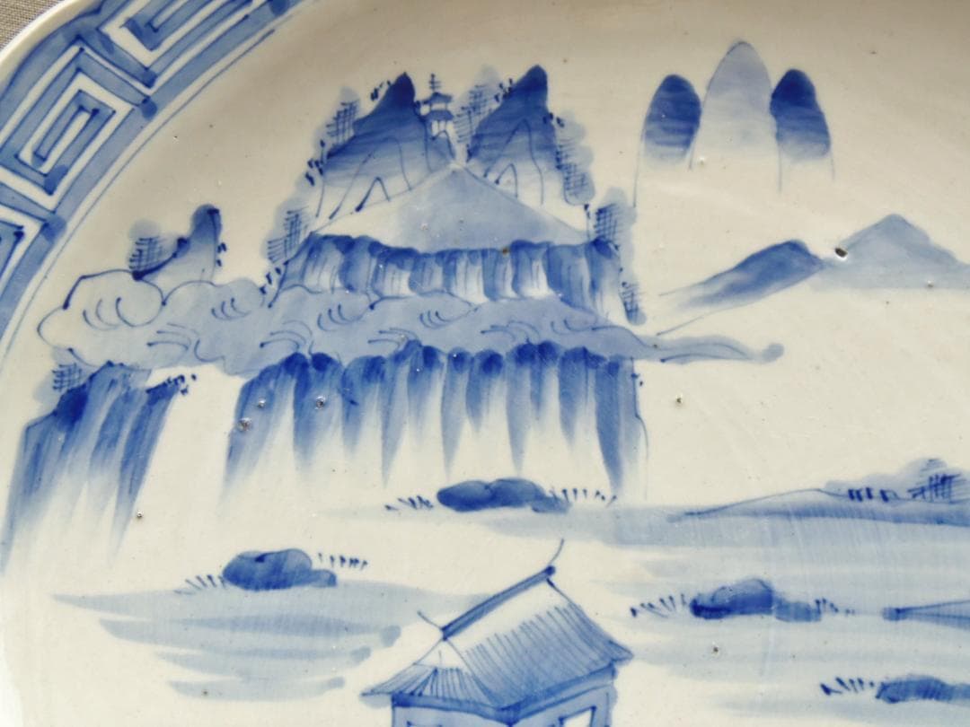 474mm 古伊万里 骨董品 風景画 陶器の皿 飾り皿 装飾皿 床飾り 伊万里焼
