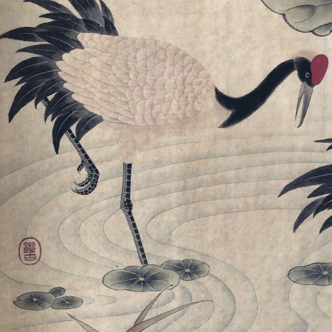 呂紀 荷花双鶴図 掛け軸 三尺中堂 サイズ：174×77cm