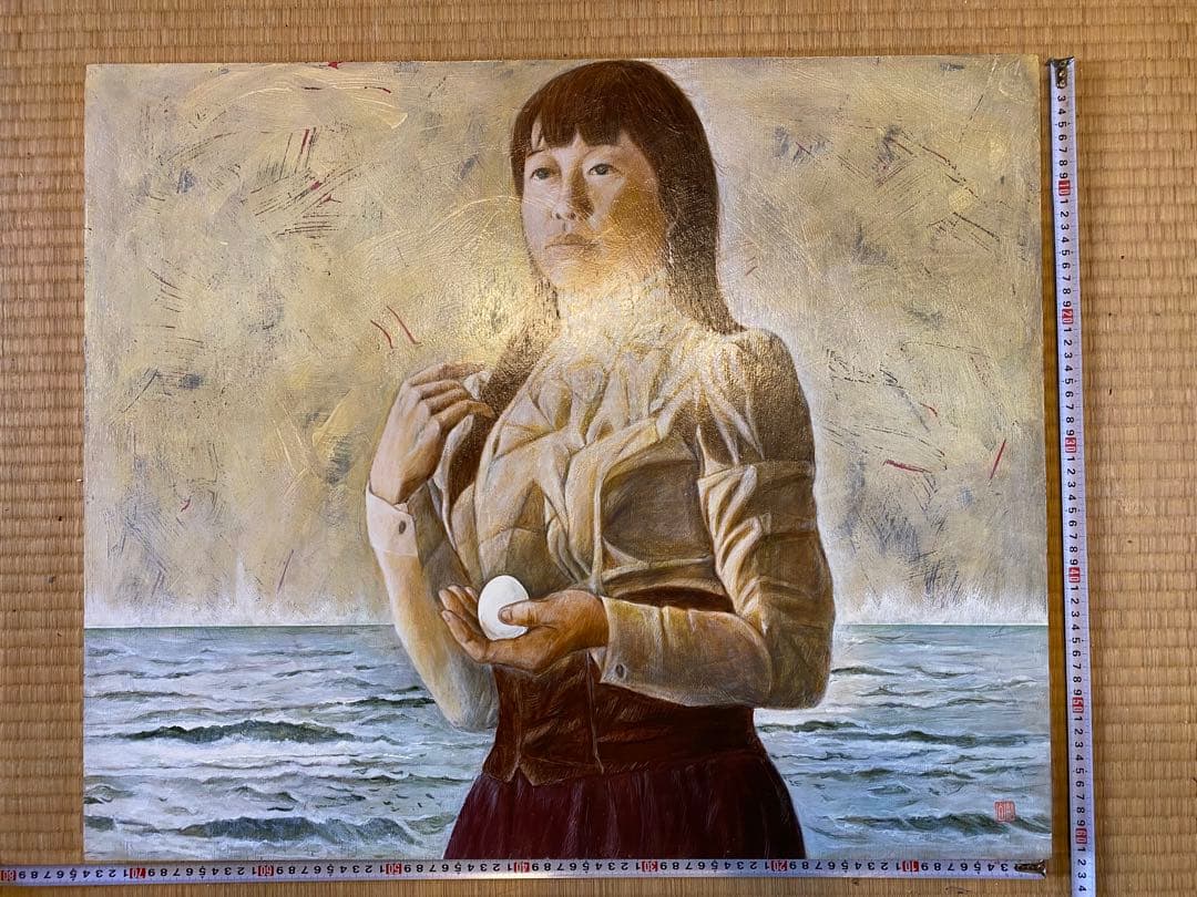 油彩画 女性と海 約61cm x 73cm - 作: M.Funayama