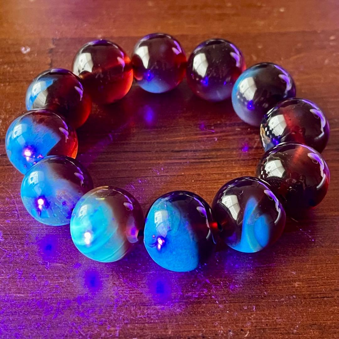 22mm 化石 琥珀 ブルー レッド アンバー 貴重 ブレスレット コレクション