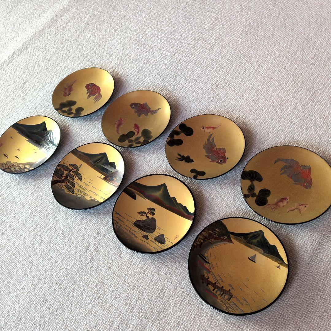 金地　金魚・猪苗代湖デザイン　金色小皿　8枚セット