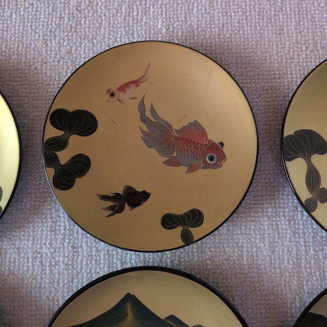 金地　金魚・猪苗代湖デザイン　金色小皿　8枚セット