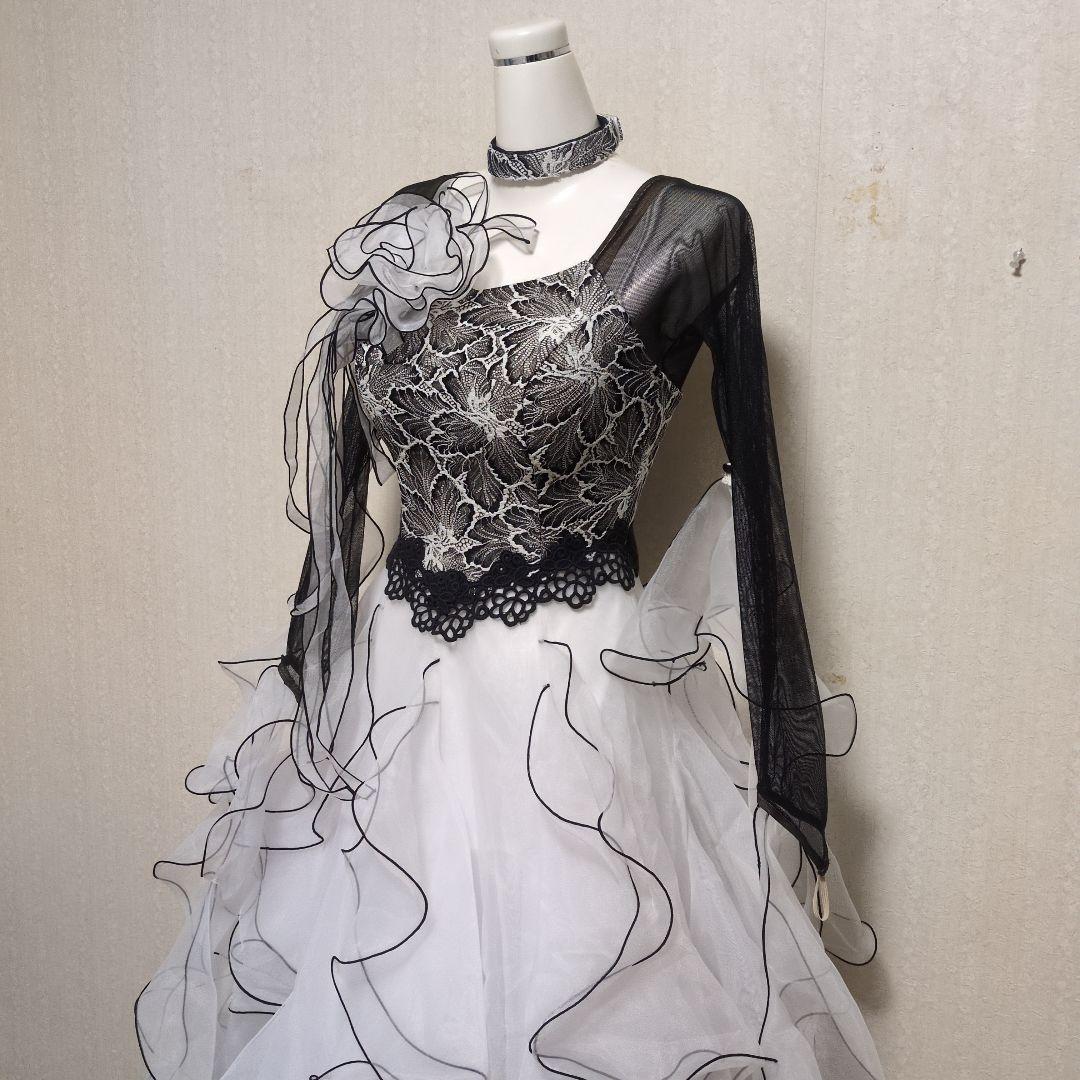 社交ダンス　スタンダード　ドレス　白黒レース　 ワンピース パスタイム　日本製