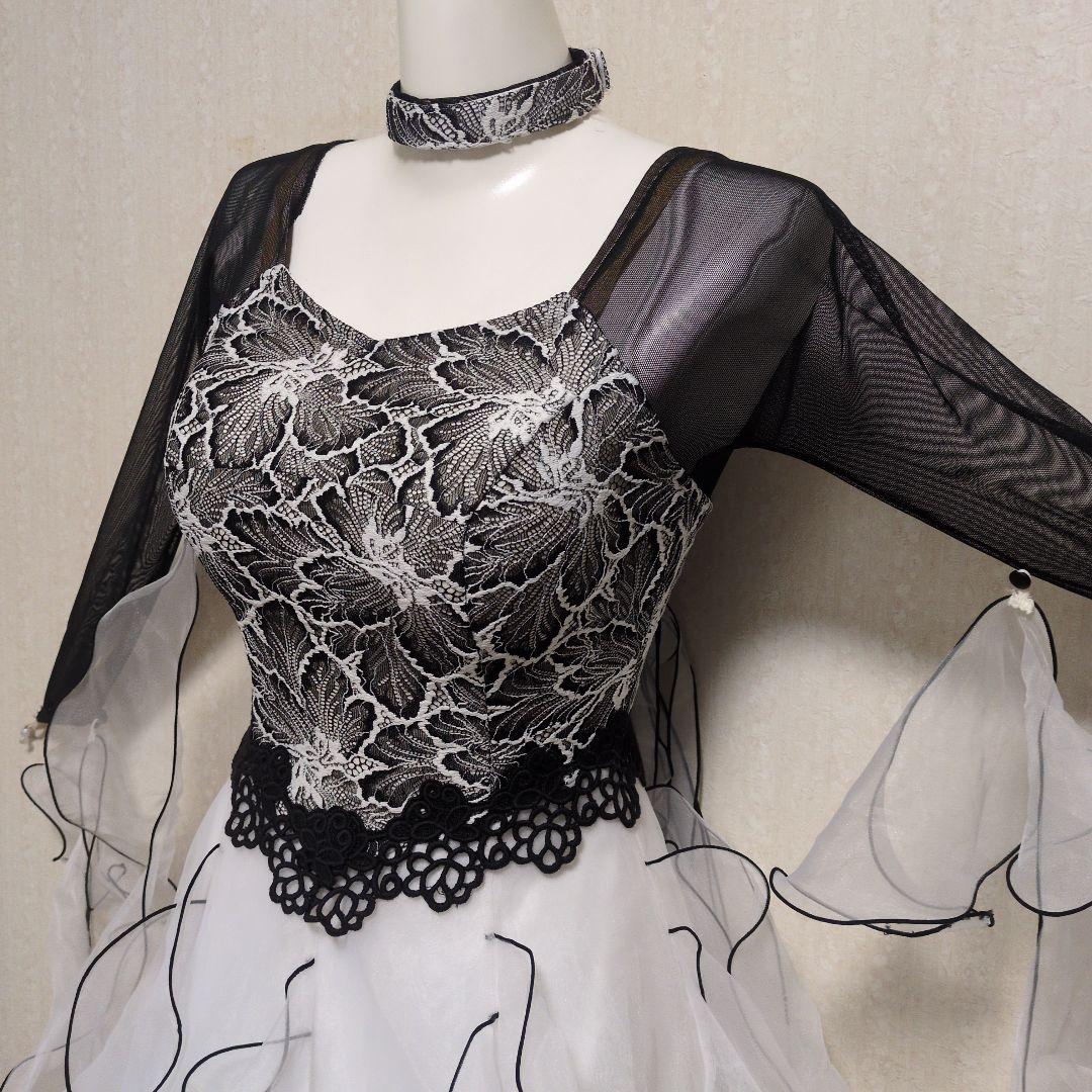 社交ダンス　スタンダード　ドレス　白黒レース　 ワンピース パスタイム　日本製