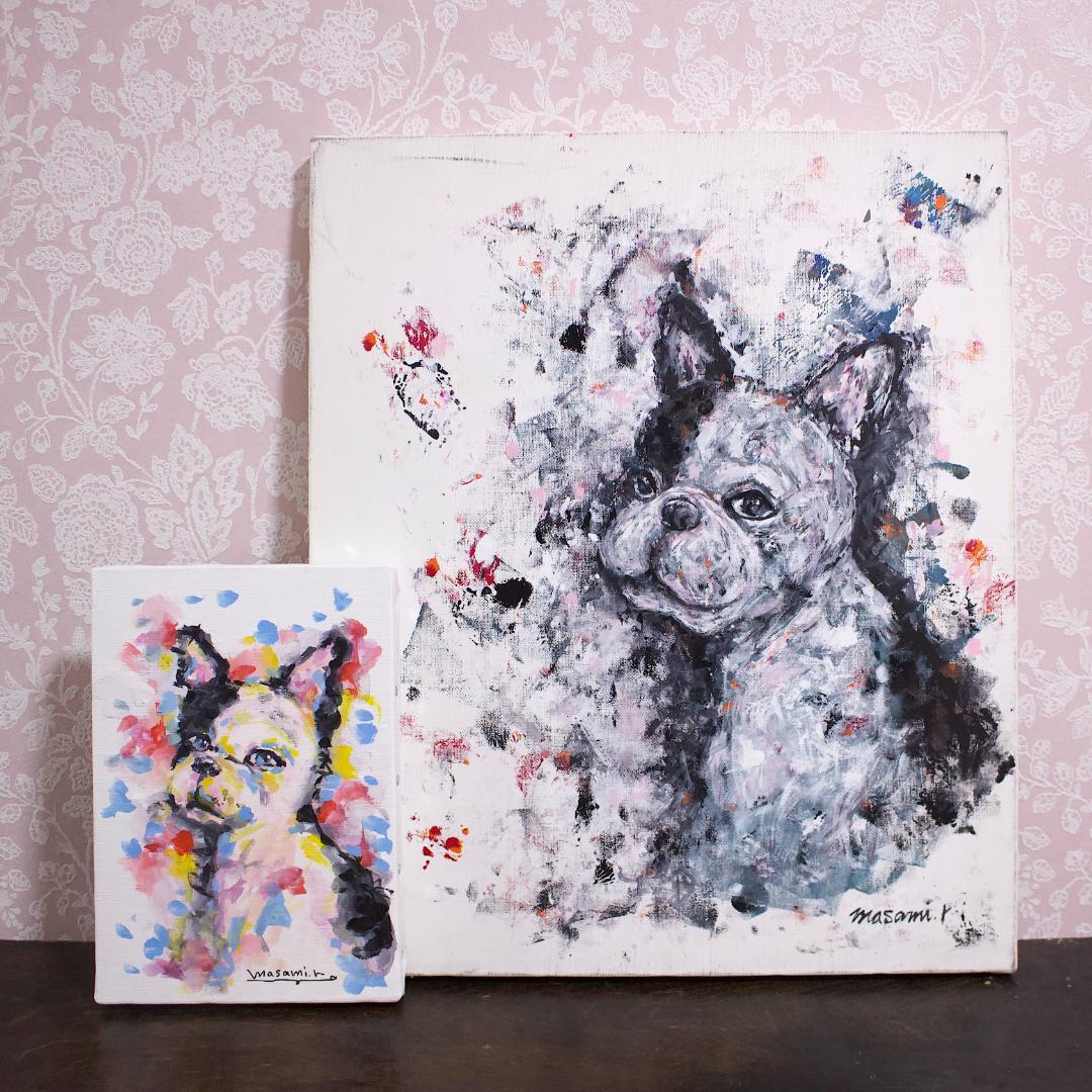 「フレンチブルドック、片パイド」F8 キャンバス 原画 アクリル画 額なし