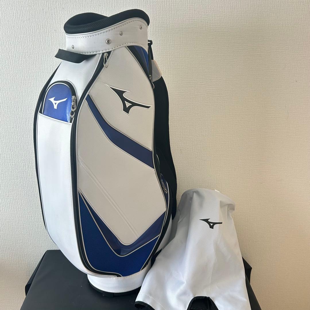 ミズノ キャディバッグ 白×青 タグ付き 未使用品 フード付 一部汚れ有