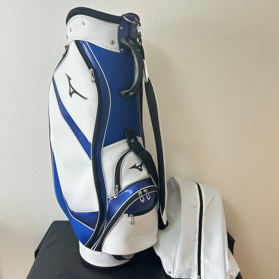 ミズノ キャディバッグ 白×青 タグ付き 未使用品 フード付 一部汚れ有