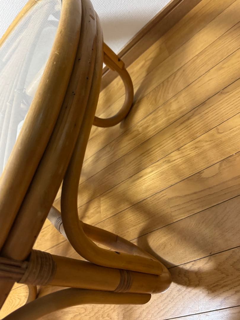 昭和レトロ ヴィンテージ ラタンラウンドテーブル 籐家具 ガラス天板