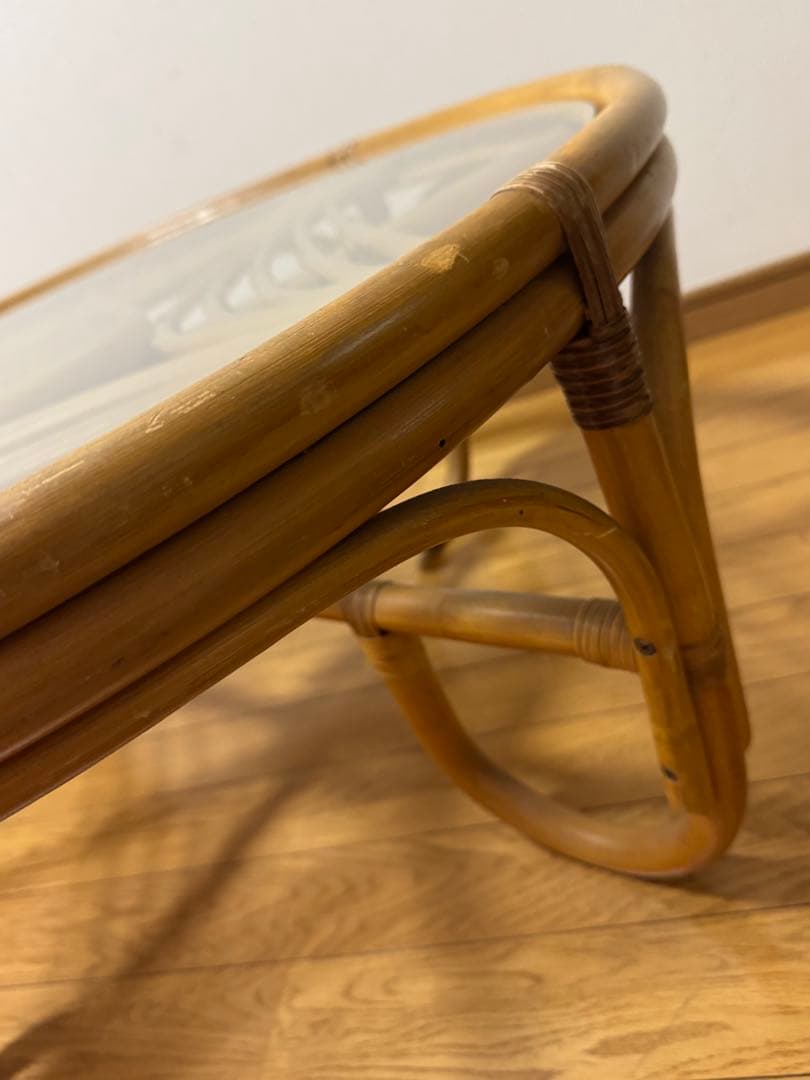 昭和レトロ ヴィンテージ ラタンラウンドテーブル 籐家具 ガラス天板