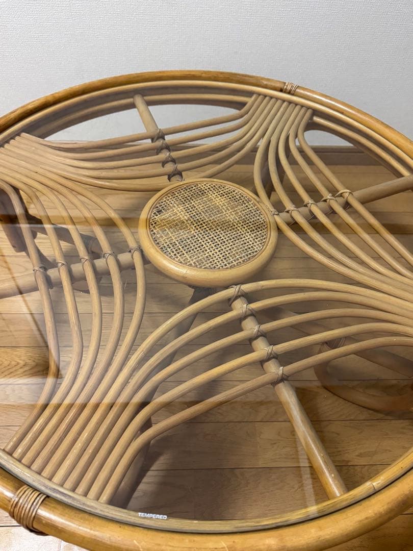 昭和レトロ ヴィンテージ ラタンラウンドテーブル 籐家具 ガラス天板