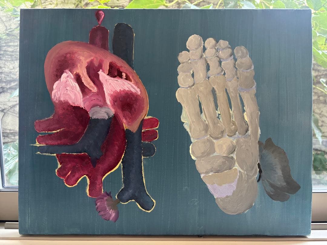 心臓と足の骨の油彩画