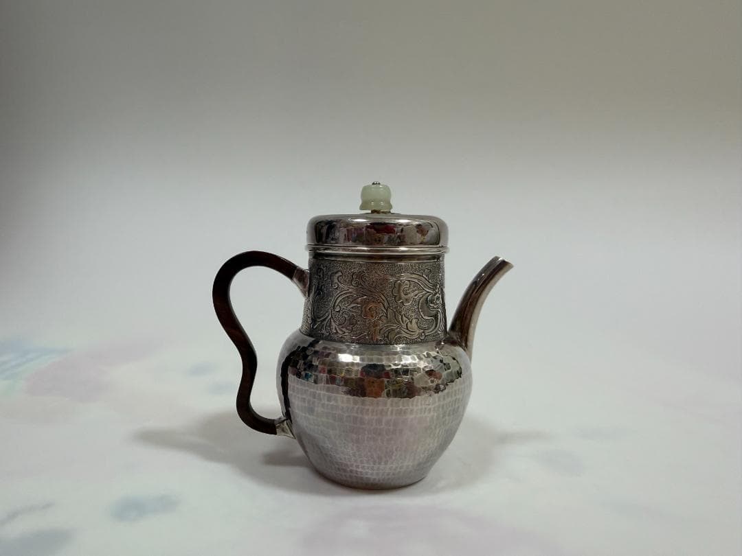 純銀製 唐草紋 玉石摘 急須 銀瓶 煎茶道具