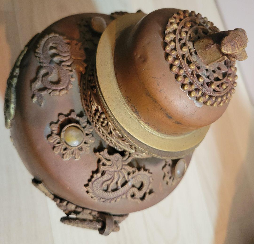 ヴィンテージ品　金属製ドラゴン装飾　銅壺