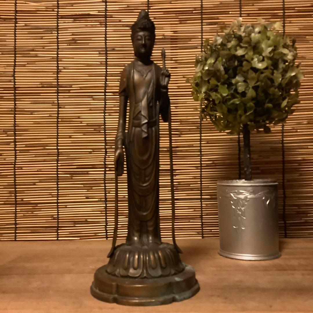 大正〜昭和期「聖観世音菩薩立像」仏教三大信仰・観音経・般若心経・銅・仏師銘刻印