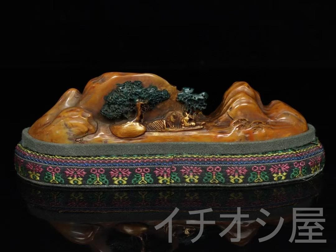 田黄石彩絵山水人物筆架 寿山石彫り 細密彫 文房置物 書道品 文房聖品 風水開運