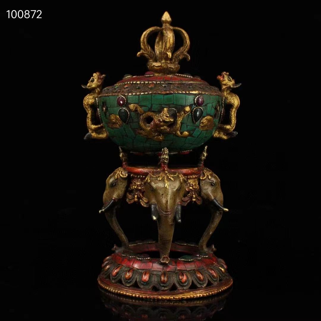 中国古美術・老純銅製・純手作り・鎏金高浮彫香炉・镶嵌宝石 ・熏香炉・置物・文房具