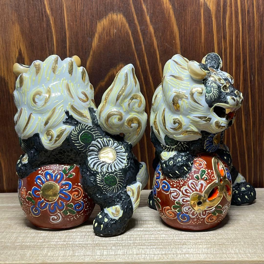 【願いが叶う】【魔除け 守護】【 九谷焼】唐獅子4.5号 黒色 シーサー 狮子