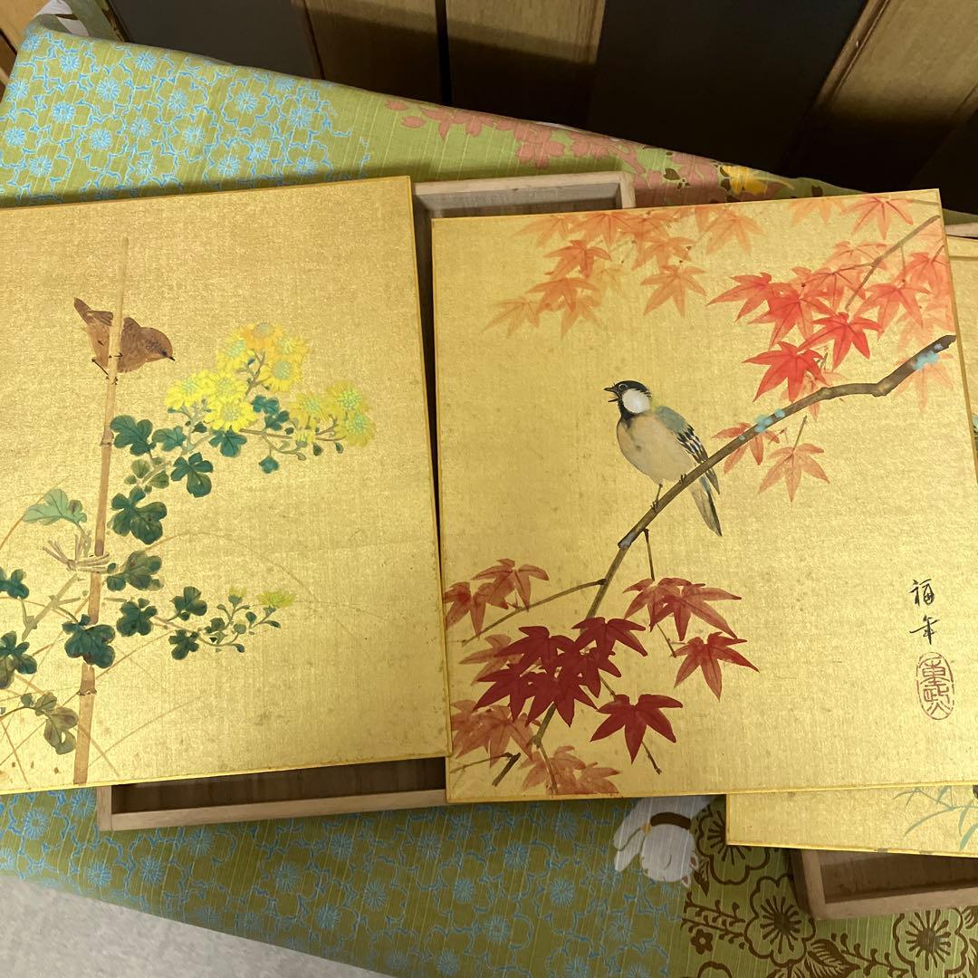 花鳥画色紙四枚　日本画家「小西福年」作