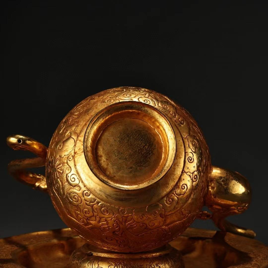 中国古美術・龍葫蘆の酒壺と皿・古い純銅鎏金细密彫・純手作り・高浮彫・置物・酒器