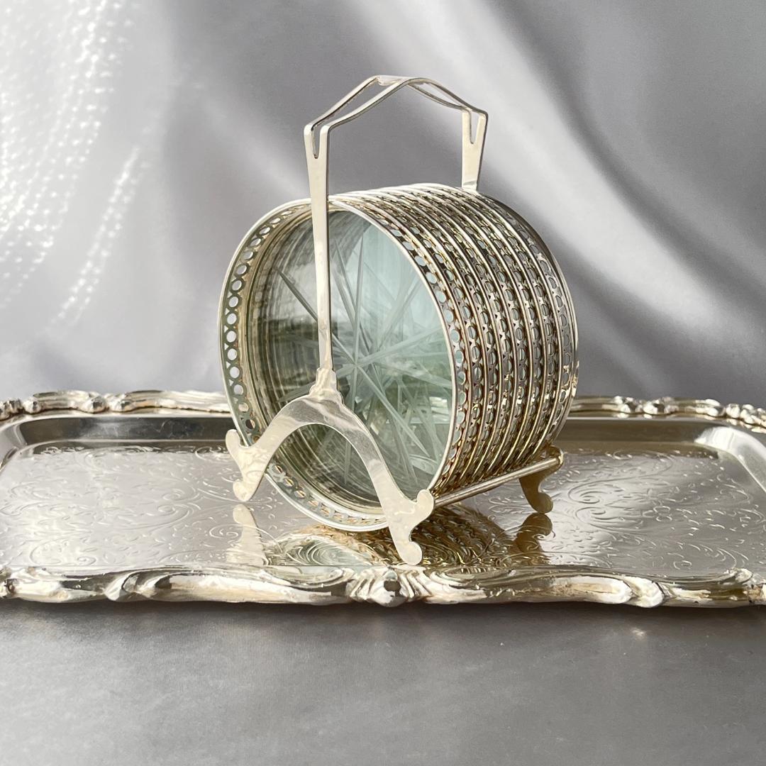 【Webster】ワイングラスコースター 8枚【純銀 / ガラス】 ホルダー