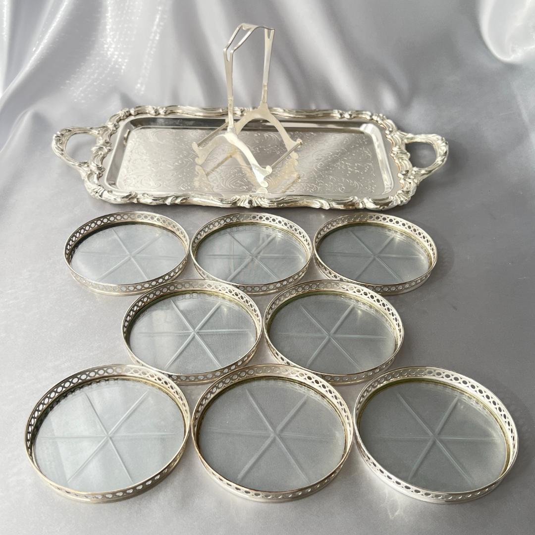 【Webster】ワイングラスコースター 8枚【純銀 / ガラス】 ホルダー