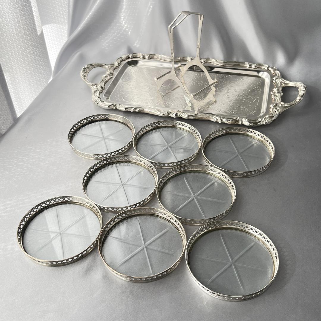 【Webster】ワイングラスコースター 8枚【純銀 / ガラス】 ホルダー