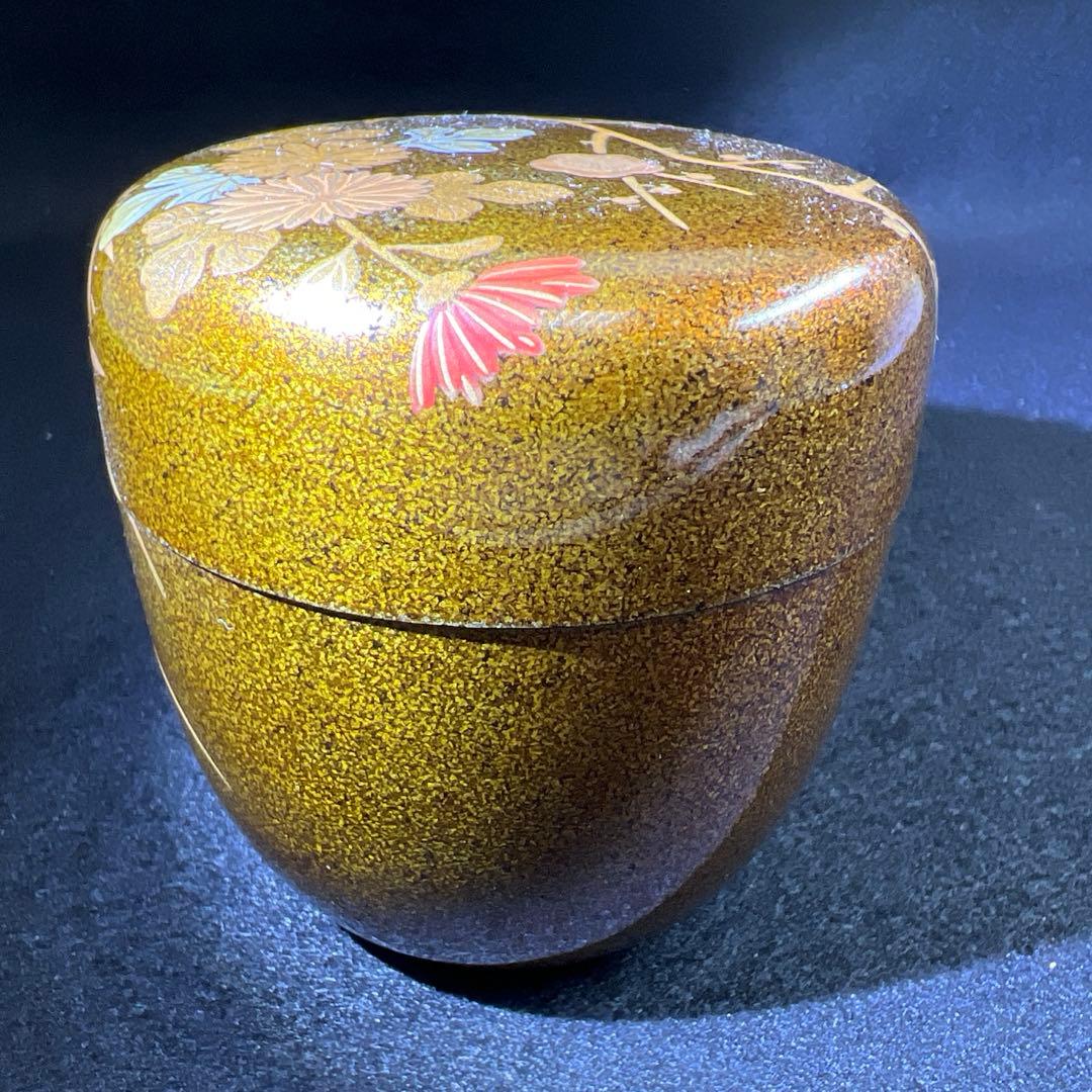 輪島塗　山下春甫造　梨地四君子蒔絵中棗　共箱　高さ約7㎝　東Y8-0106☆2F