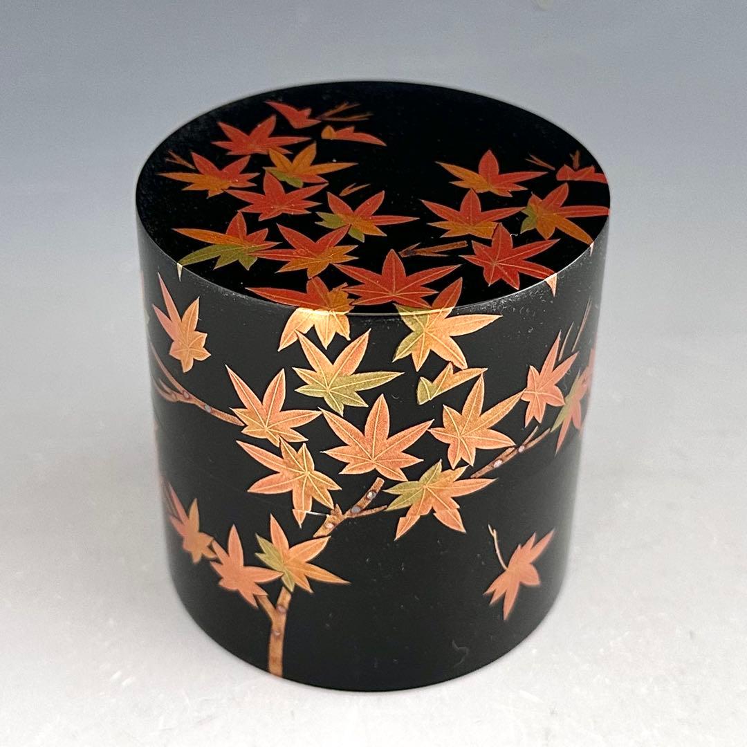 茶道具　紅葉蒔絵　中次　茶器　竹内幸斎　共箱　山中塗　漆器　漆芸　秋　もみじ　棗