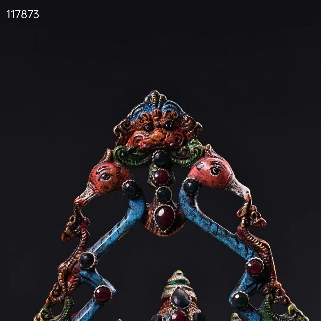 中国古美術・旧蔵象の鼻の富貴神の蓮の花油灯・純銅・蔵伝工芸・宝石彩絵描金・木箱付