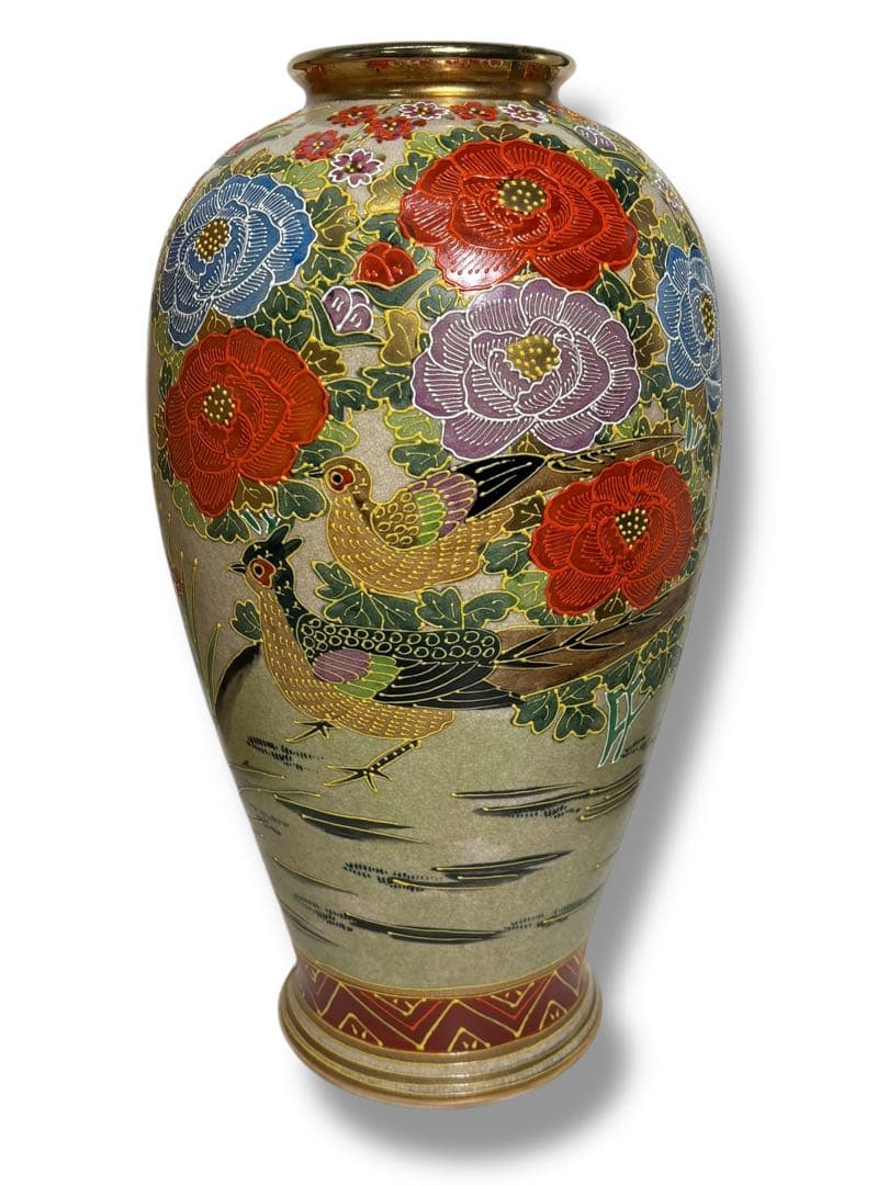 #薩摩焼 丸十字紋 色絵金彩 花鳥図 大壺 花瓶 木箱付き　S-12