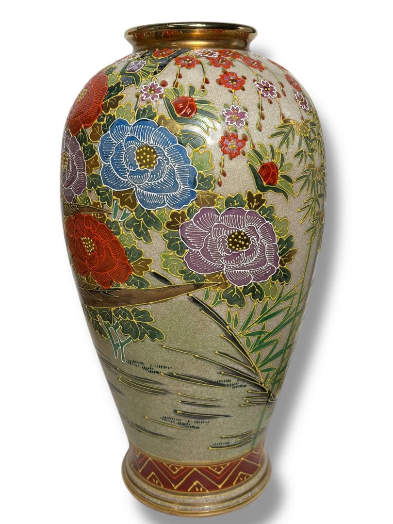 #薩摩焼 丸十字紋 色絵金彩 花鳥図 大壺 花瓶 木箱付き　S-12