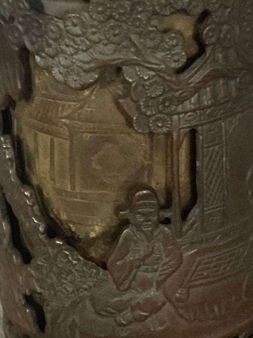 中国美術 古玩 古銅 細密 山水筆筒 書道具 唐物 透彫