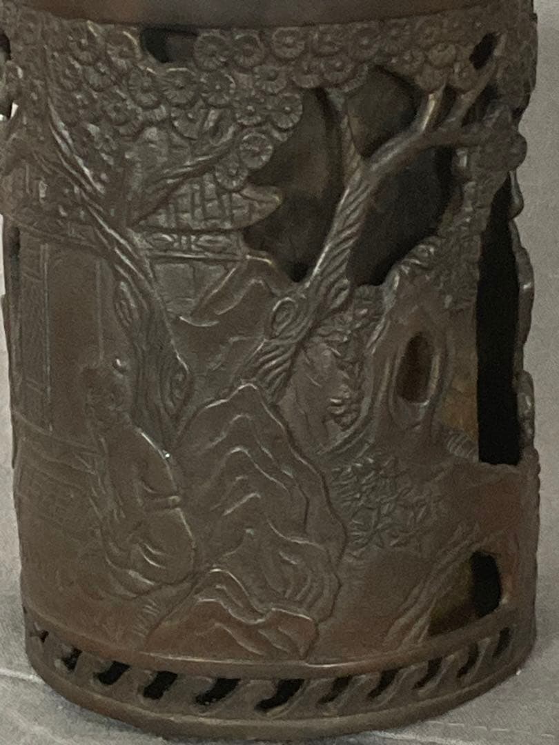 中国美術 古玩 古銅 細密 山水筆筒 書道具 唐物 透彫