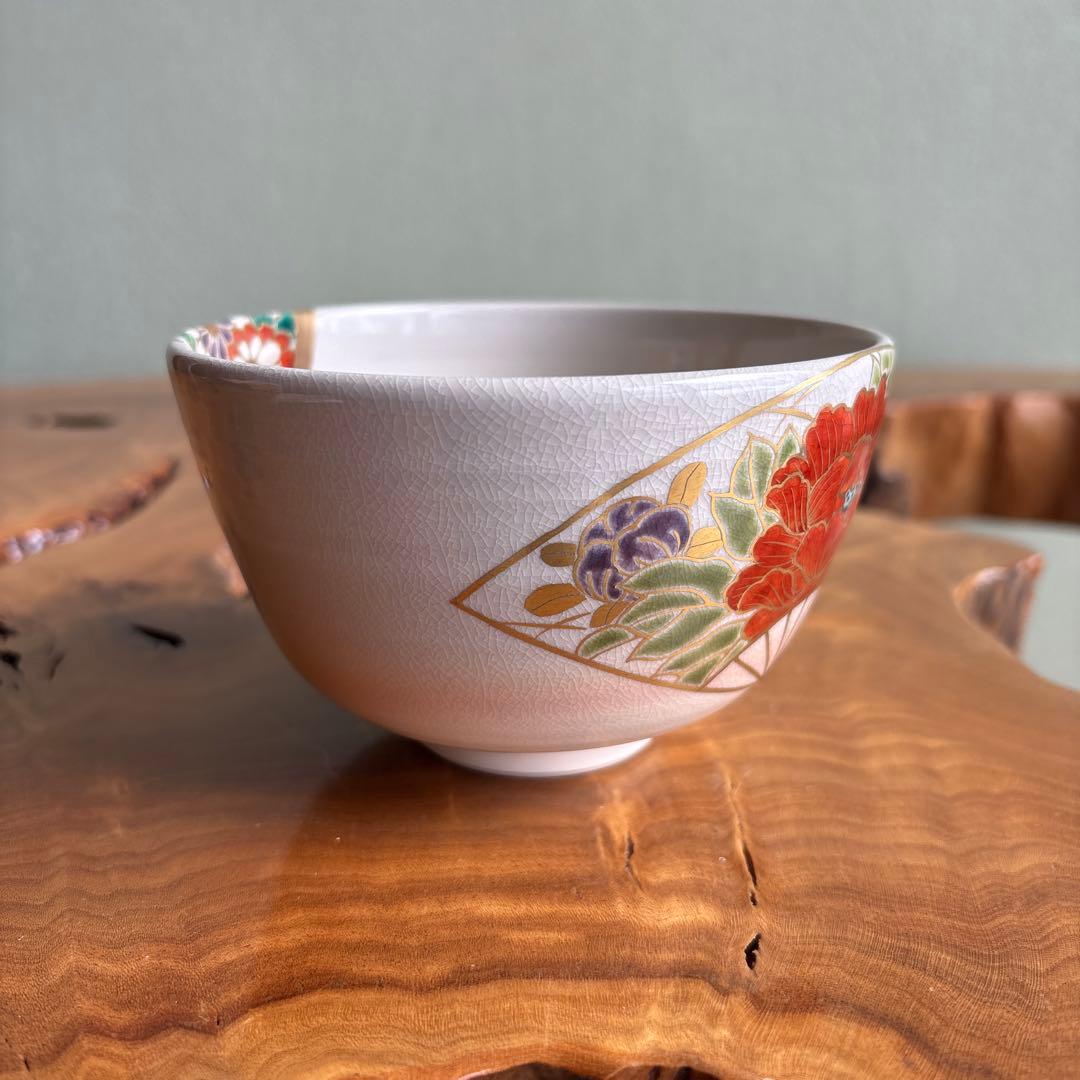 色絵扇面 押小路焼 庄左ヱ門造 抹茶碗 茶道具 共箱(88)