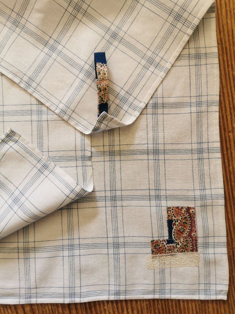 アンティーク インディゴ西洋花更紗アップリケ＆レース装飾付 ブルーチェッククロス