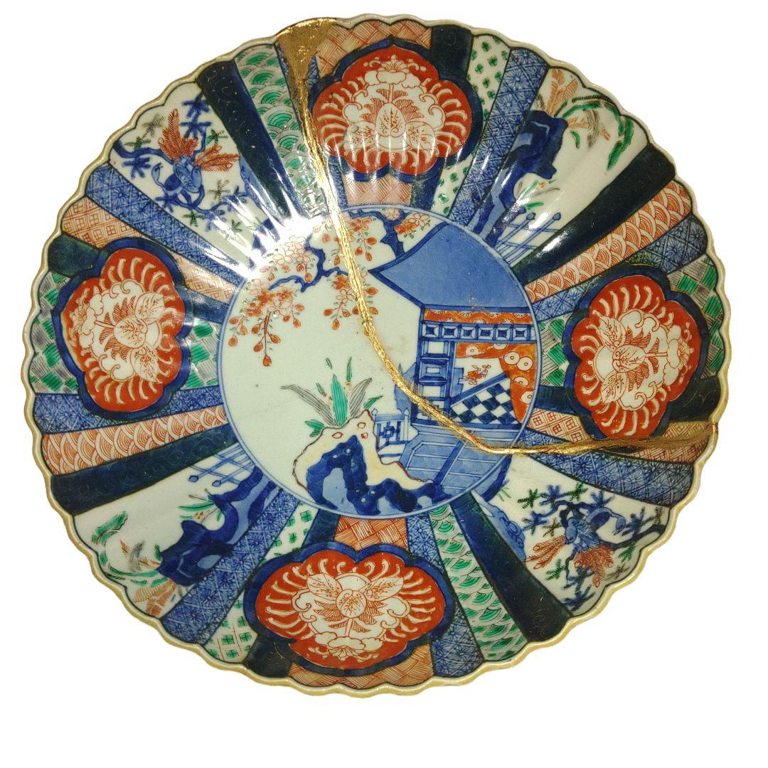 古伊万里　芙蓉手楼閣文菊皿　難あり　金継ぎ
