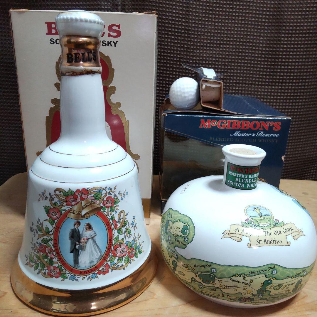 マックギボンズ(ゴルフコース)＆ベルズ(結婚記念)　スコッチウイスキー古酒　陶器