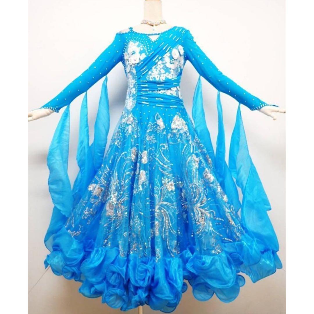 6355★MLサイズ★濃い水色/シルバー/スタンダードドレス☆社交ダンス