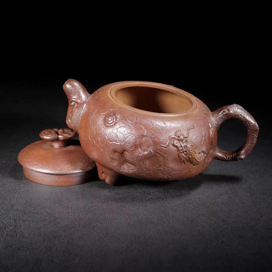 中国古美術・原礦底槽清・燕亭製陶紋・供春（高温窑变）紫砂壺・紫泥急須・茶壺・賞物