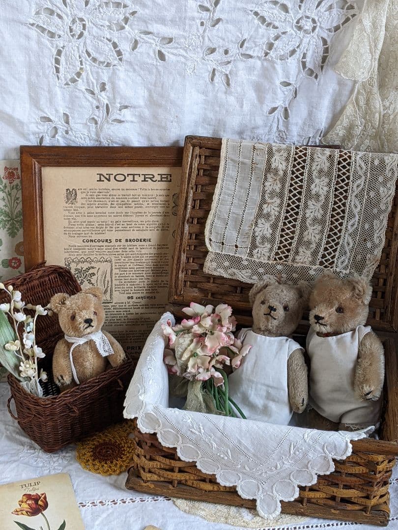 【w】フランスアンティークヴィンテージバスケット２点セット　ドール用バスケット