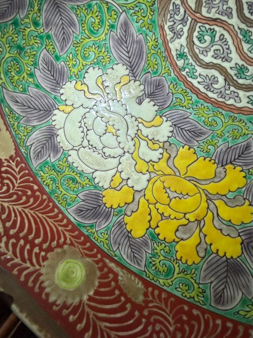 古家蔵出 骨董品 太明成化年製 大皿 鳳 菊 大皿 飾り皿 約47cm