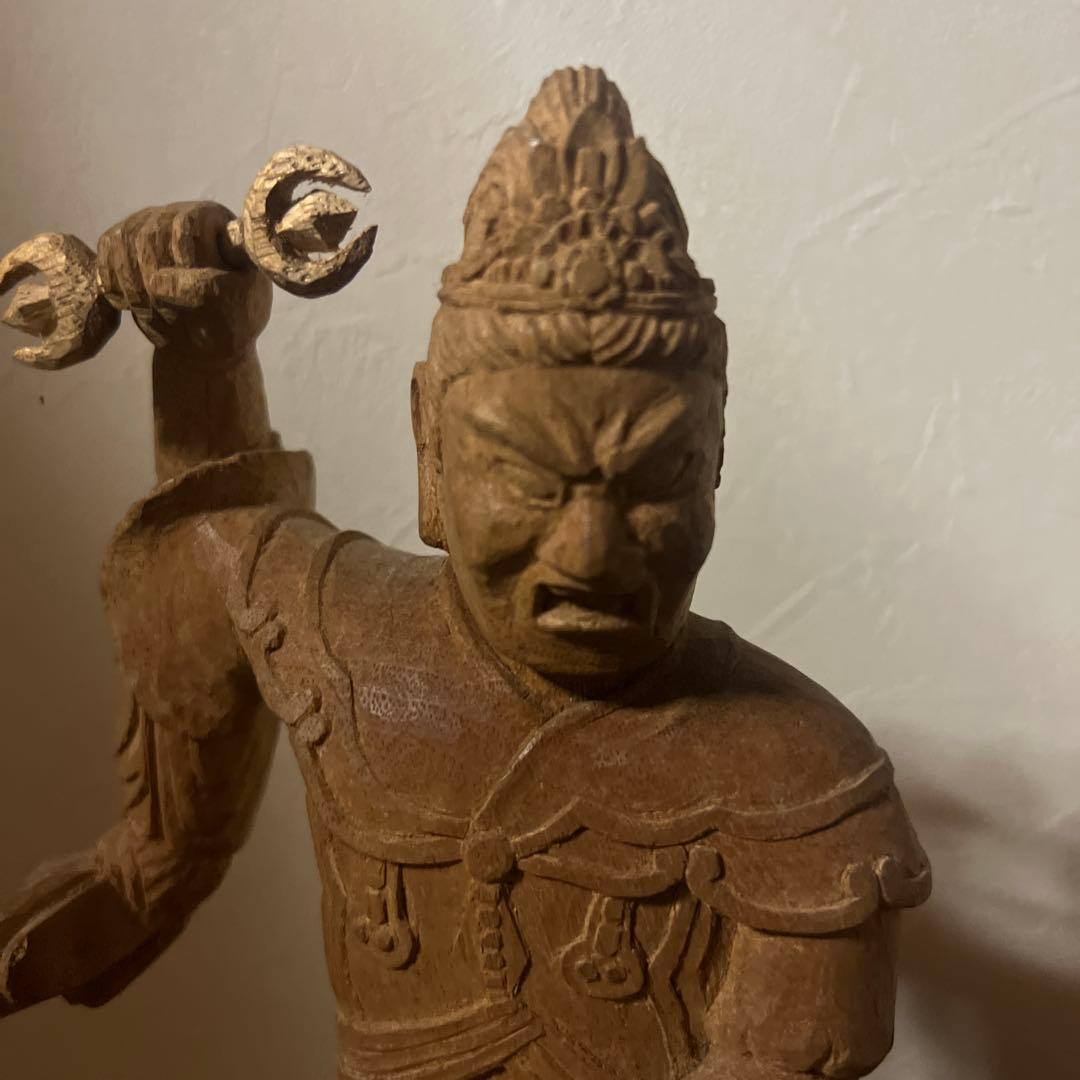 木製 武士像 三叉の槍 約30cm