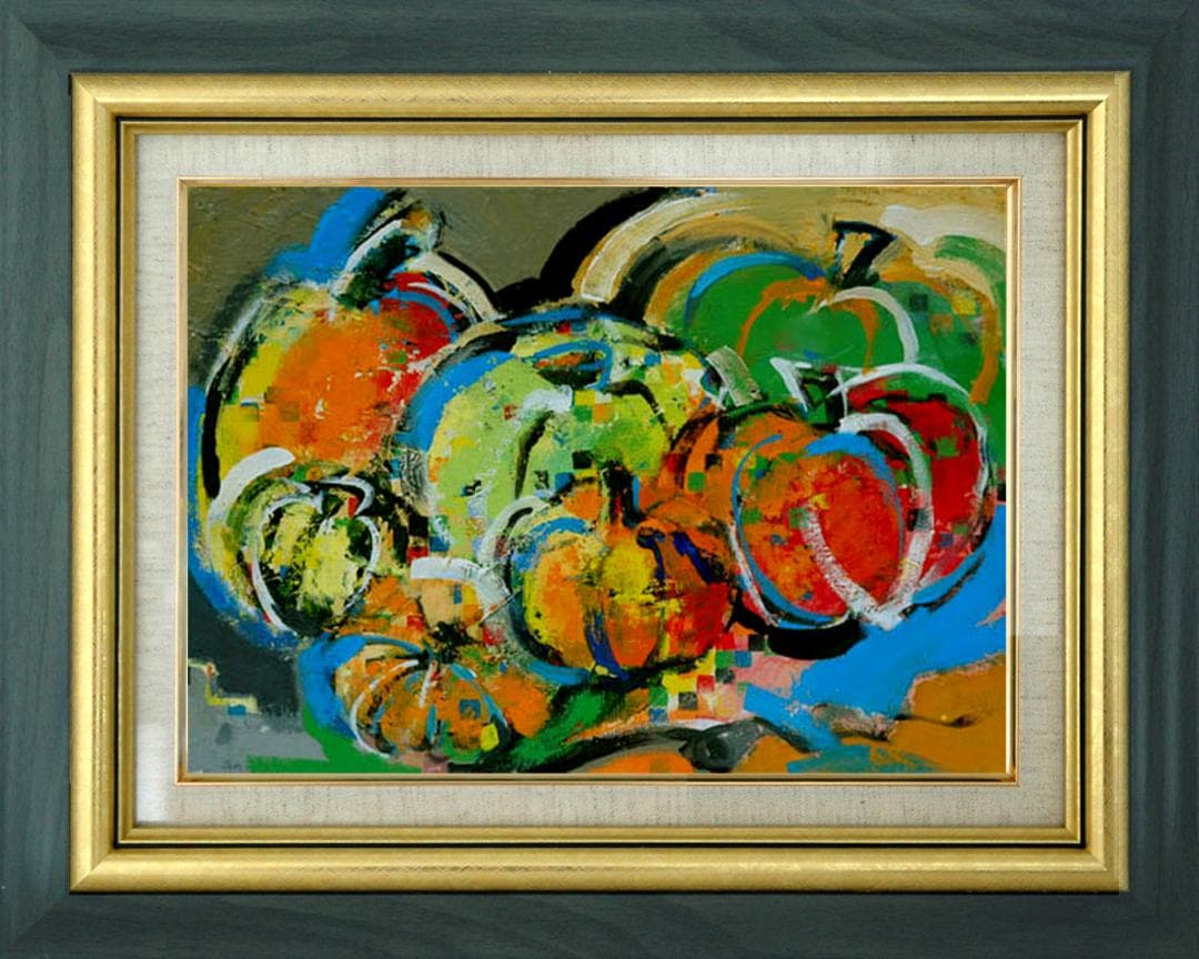 油絵菅家令子絵 絵画インテリア額付(青緑＋金色の枠)uF6-061303かぼちゃ